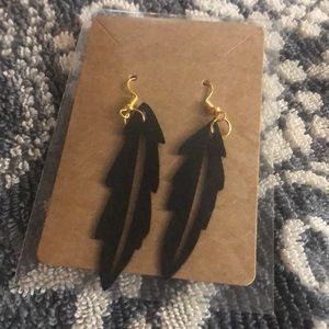 Homemade leather earrings.  Black feather